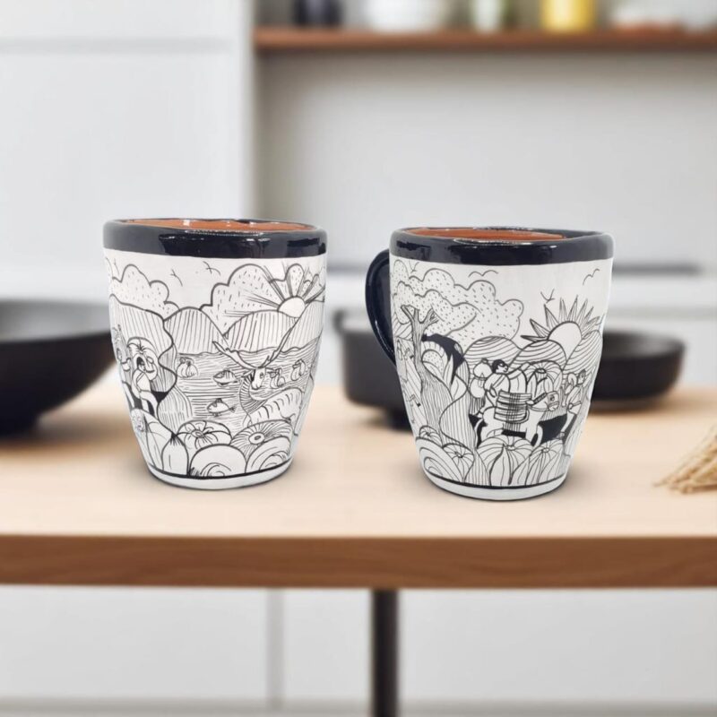 Wholesale handmade Mexican mugs with cultural motifs and legends.