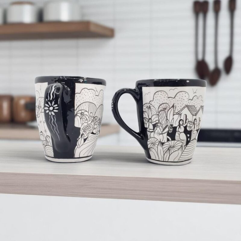 Hand-painted Mexican mugs with traditional stories – wholesale collection.