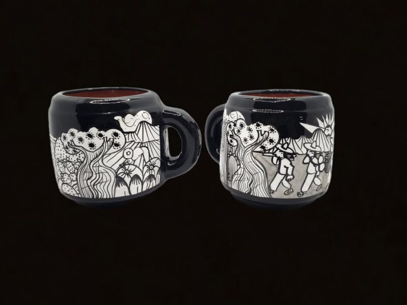 Tazas de barro para cafeterías con escena de la vida rural mexicana